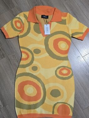 Cider Orange, Yellow & Olive Retro Polo Knit Mini Dress